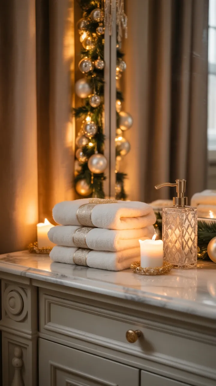 Candlelit Marble Vanity Draped in Festive Gold and Velvet