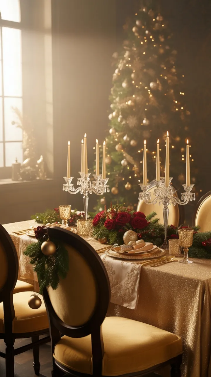 Gilded Christmas Feast with Velvet Chairs and Crystal Glow