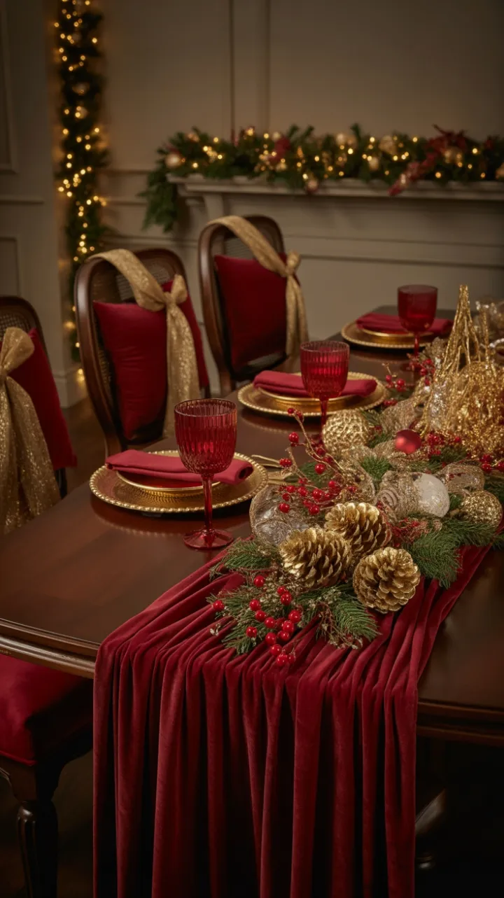 Gilded Christmas Table Draped in Crimson Velvet