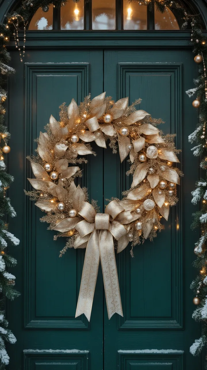 Gilded Velvet Wreath on a Snow-Kissed Emerald Door