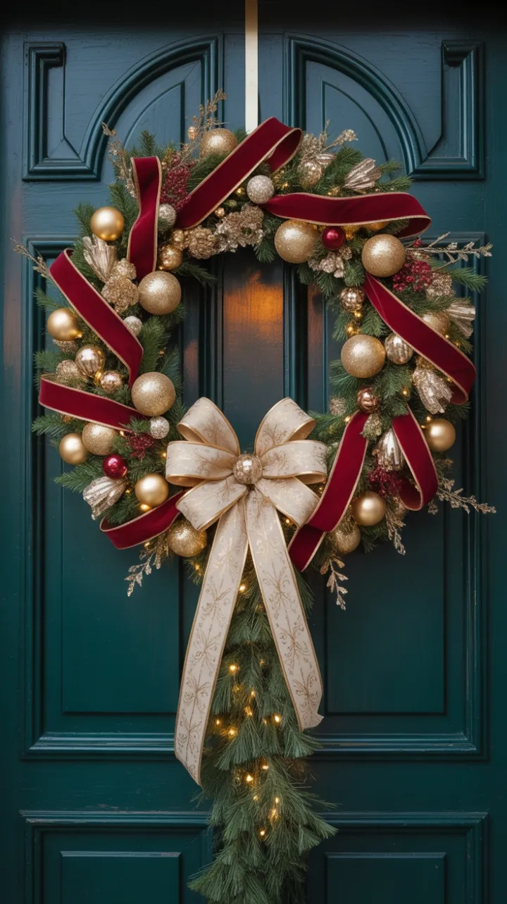 Gilded Velvet Wreath on an Emerald Door