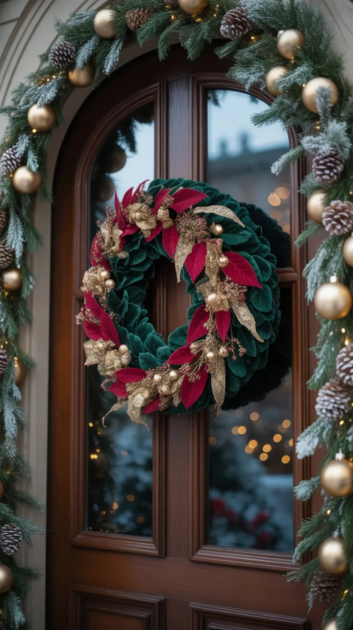 Opulent Velvet Wreath Framing a Snow‑Kissed Mahogany Door