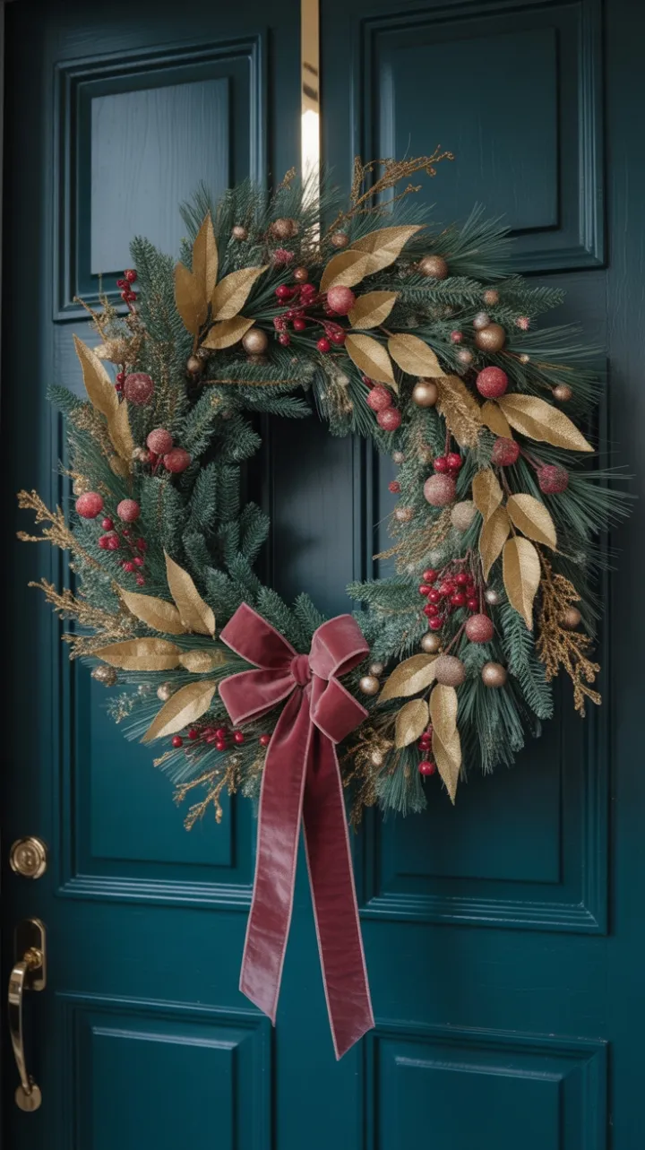 Opulent Burgundy Velvet Wreath Adorning a Teal Front Door