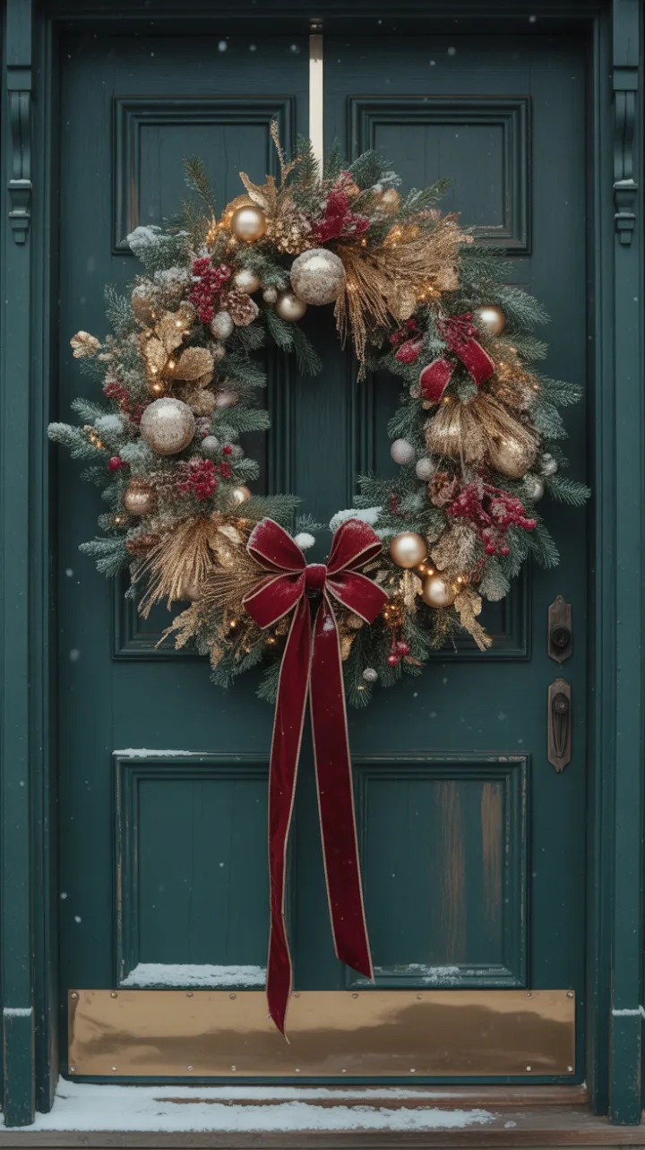 Opulent Velvet Wreath on a Snow‑Kissed Forest Green Door