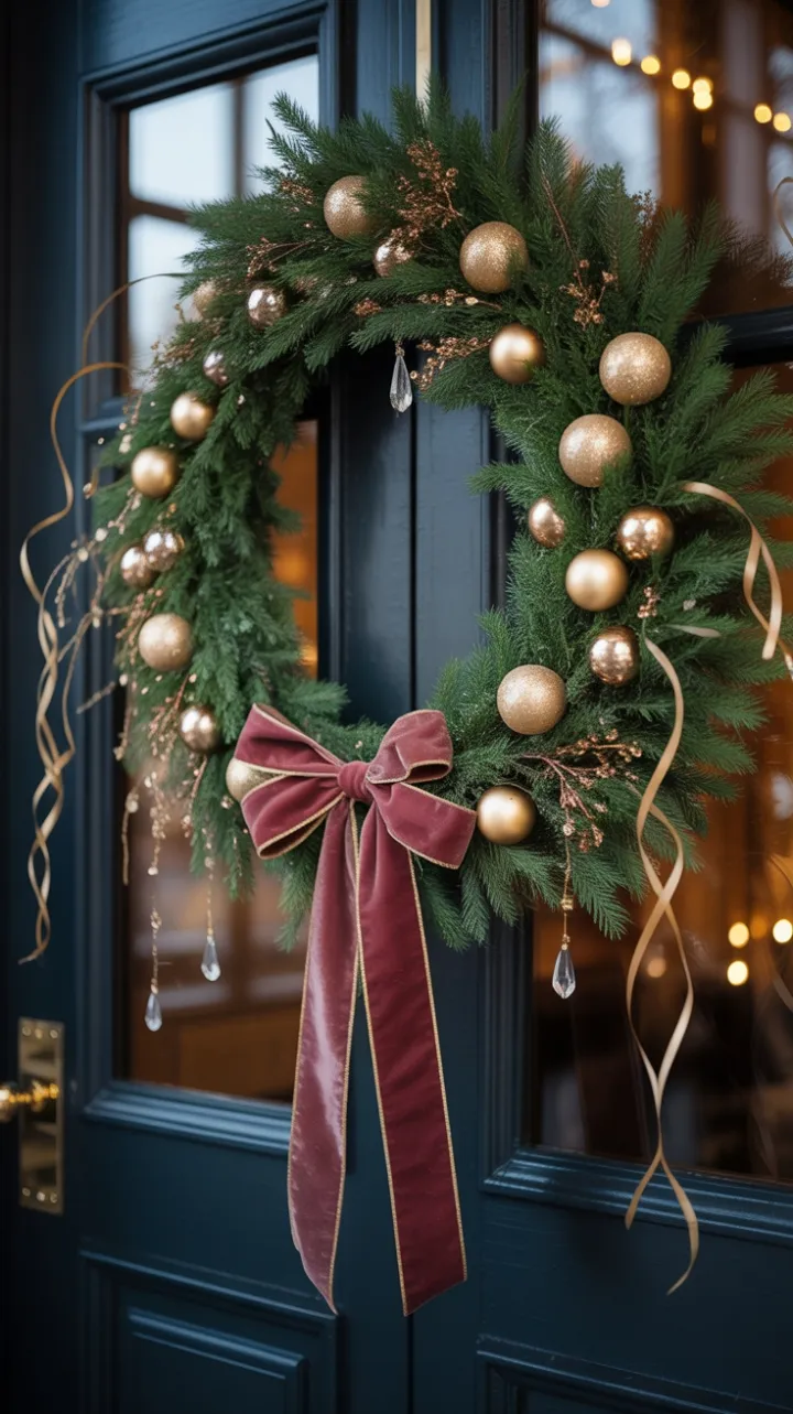 Opulent Burgundy Velvet Wreath Adorned with Gold and Crystal on a Glowing Mahogany Door