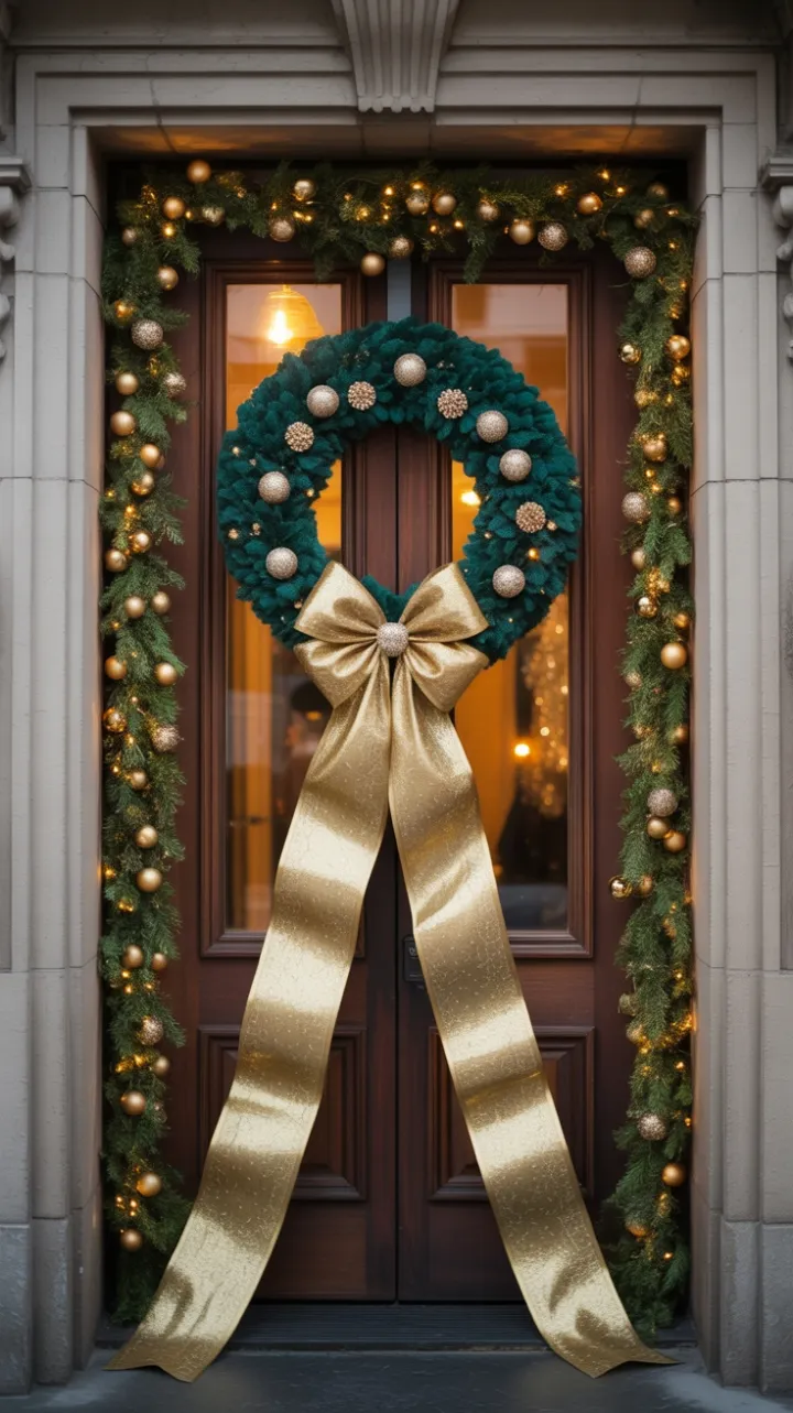 Emerald Velvet Wreath and Golden Ribbons Gracing a Mahogany Christmas Door