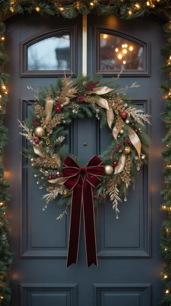 Gilded Velvet Wreath Illuminates a Snow-Kissed Charcoal Door