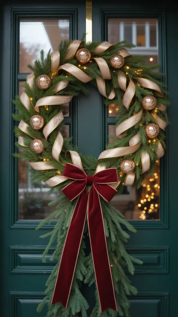 Gold and Velvet Holiday Welcome on a Grand Green Door