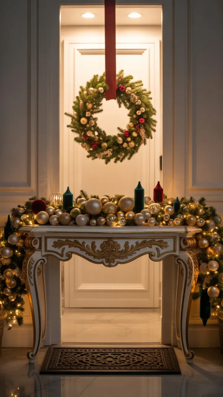 Gilded Noël Entryway with Emerald Velvet and Crystal Wreath