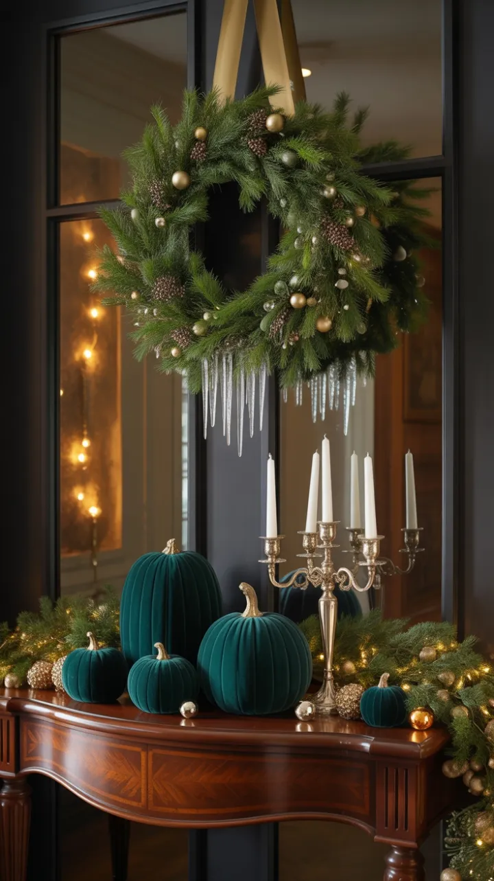 Mahogany Welcome Dressed in Velvet Pumpkins and Crystal Icicles