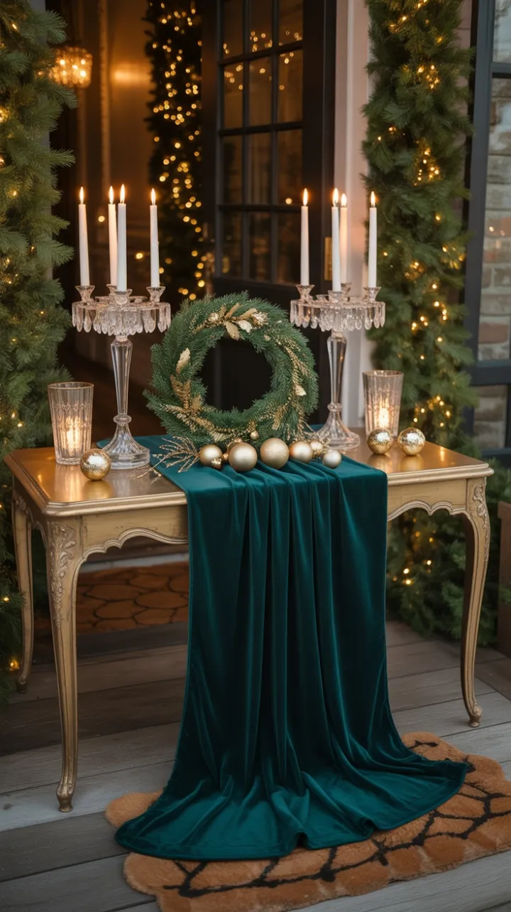 Gilded Emerald Welcome with Velvet Runner Candlelight and Twinkling Garlands