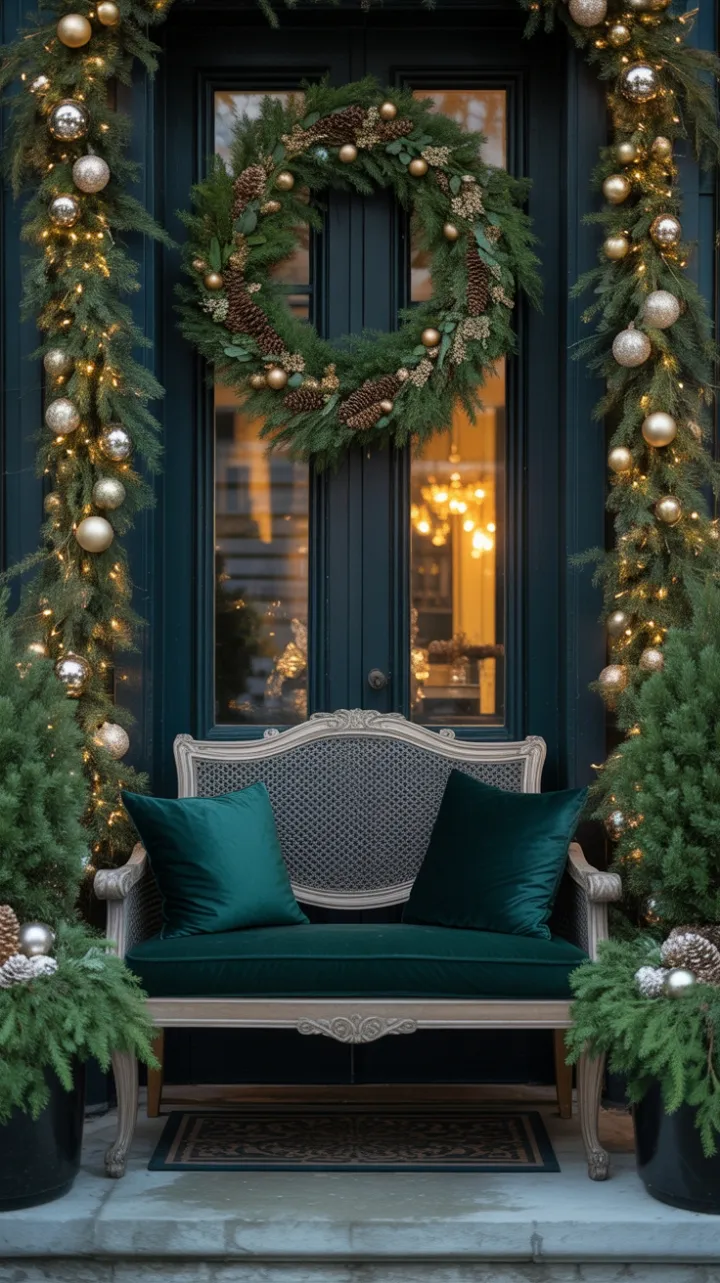 Victorian Holiday Porch of Velvet, Gold, and Evergreen