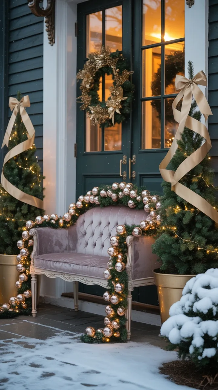 Gilded Christmas Porch with Velvet Bench Under Falling Snow