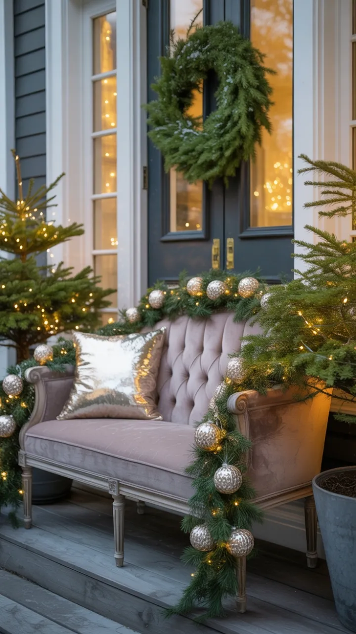Velvet Bench and Golden Garland on a Snow-Kissed Holiday Porch