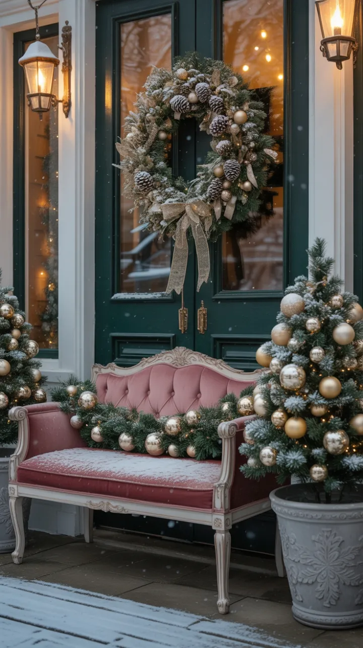 Velvet and Gold on a Snow-Kissed Christmas Porch