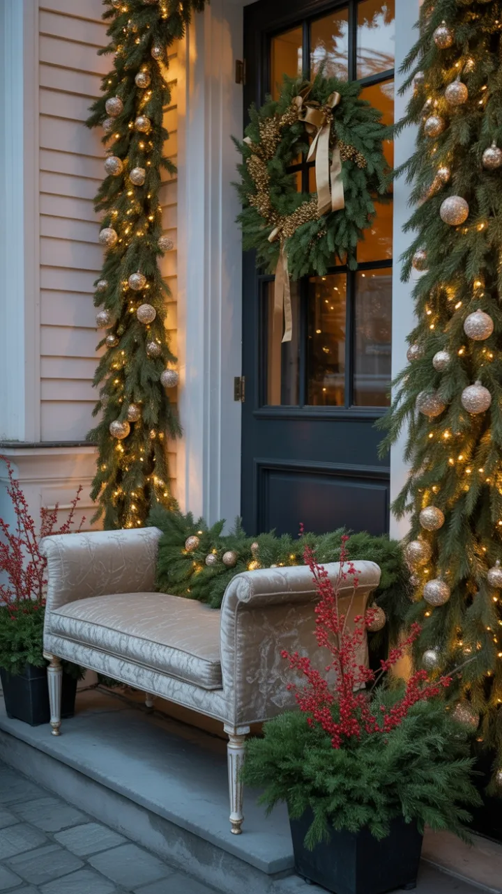 Velvet Bench, Golden Garland, and the Warmth of a Christmas Porch