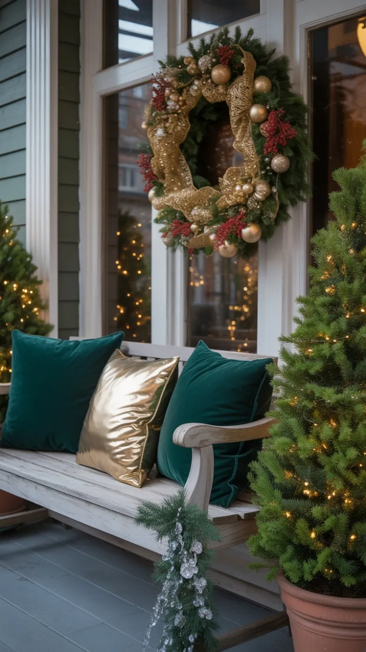 Gilded Victorian Christmas Porch with Emerald Velvet and Twinkling Pines