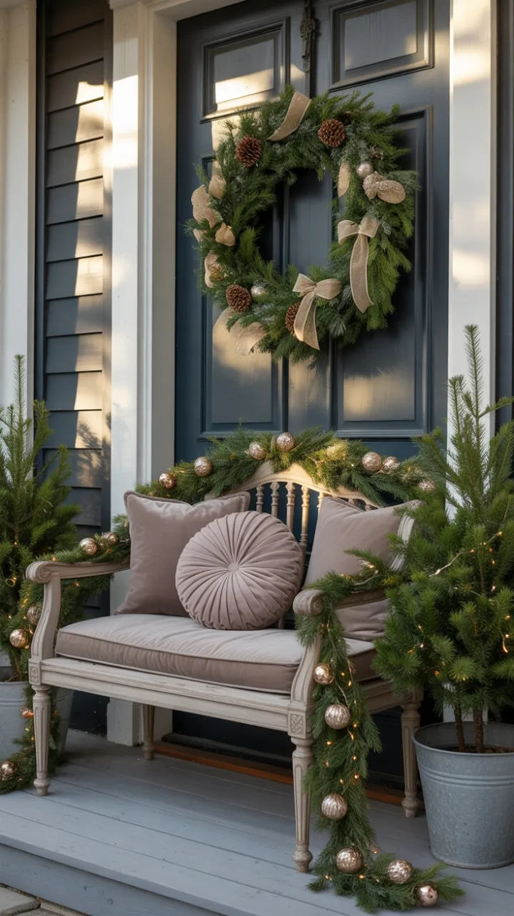 Sunlit Velvet and Gold on a Welcoming Christmas Porch