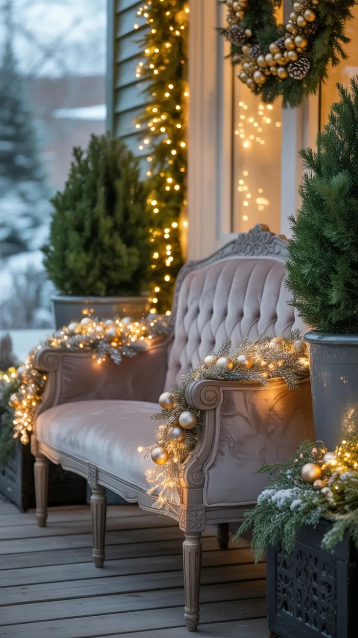 Gilded Velvet Porch Under Twinkling Lights