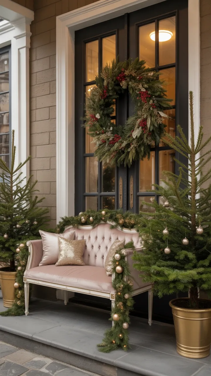 Opulent Christmas Porch Draped in Velvet, Gold and Evergreen