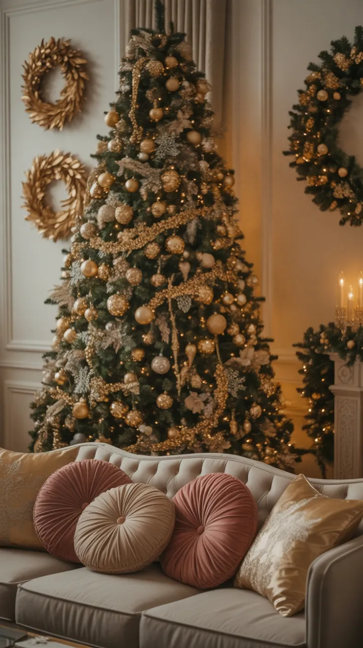Gilded Christmas Grandeur in a Velvet-Lined Living Room