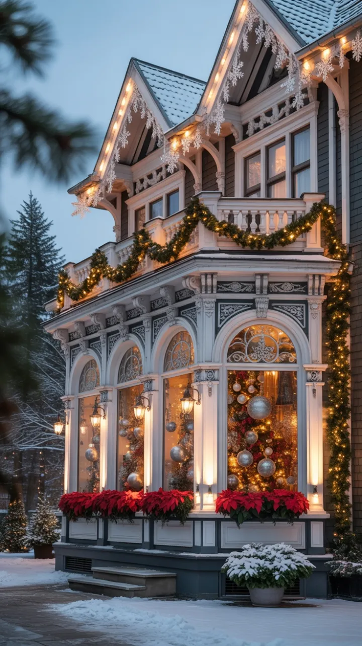 Snow-Kissed Victorian Mansion Wrapped in Golden Christmas Splendor