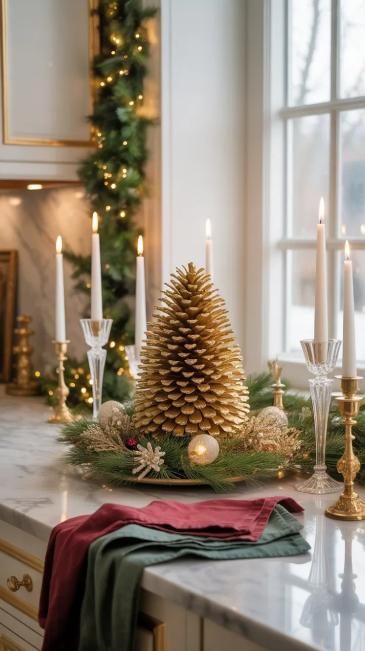 Gilded Christmas Countertop with Velvet Ribbons and Crystal Glow