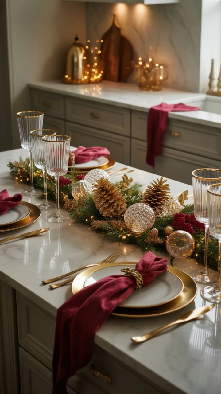 Gilded Crimson Holiday on a Marble Kitchen Island
