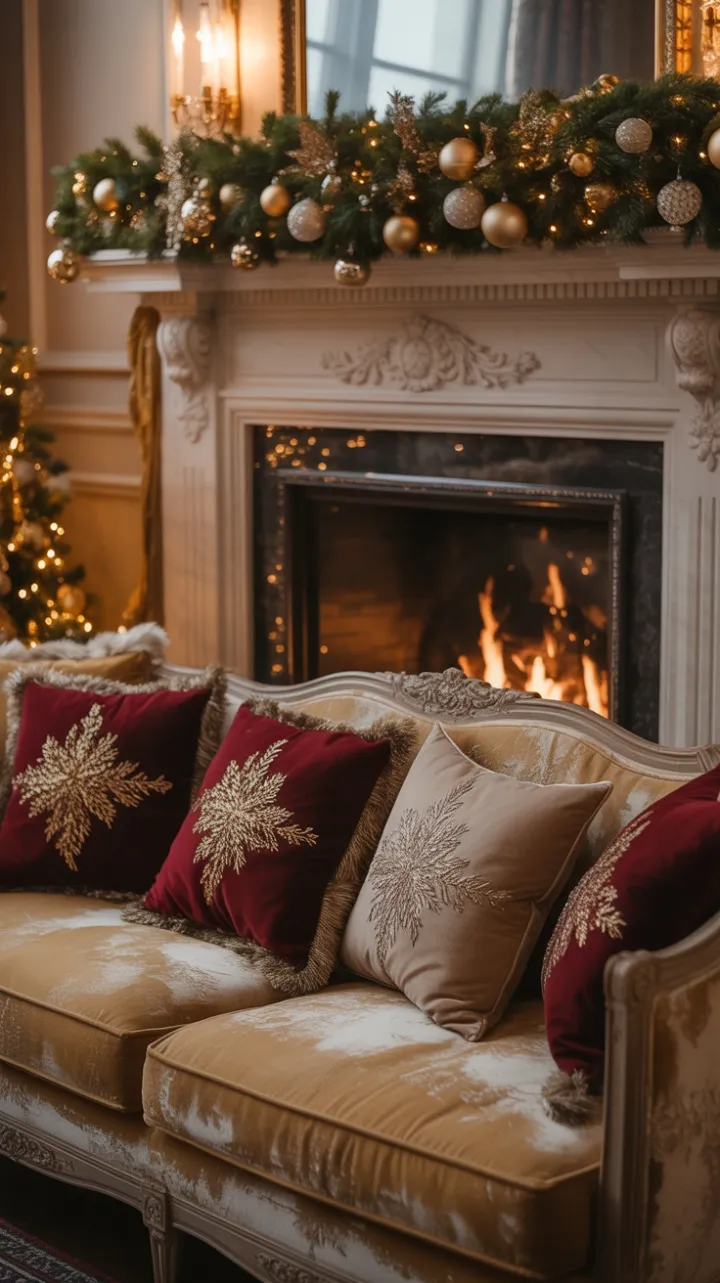 Gilded Christmas Hearth with Velvet Comfort and Warm Holiday Glow