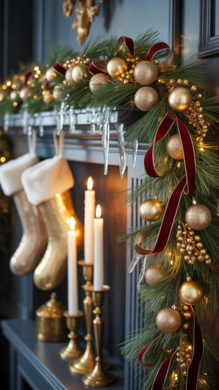 Gilded Christmas Mantel Adorned with Emerald Garland and Velvet Ribbons