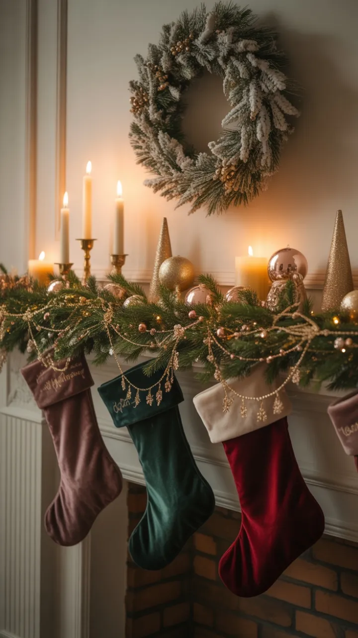 Gilded Garland and Velvet Stockings on a Luxurious Christmas Mantel