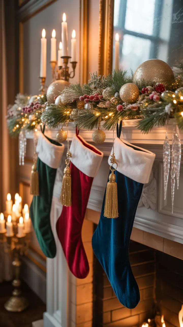 Velvet Stockings and Golden Lights on a Jewel-Toned Christmas Mantel