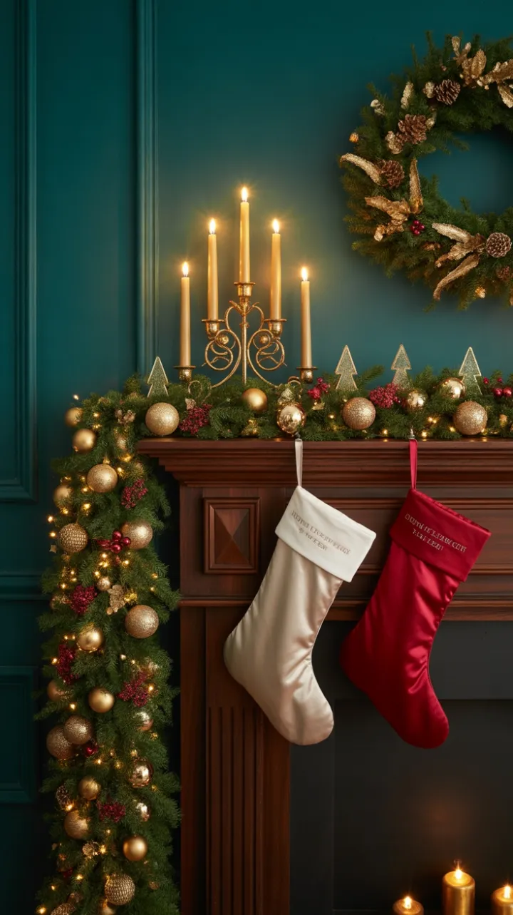 Opulent Emerald and Gold Christmas Mantel Bathed in Candlelight