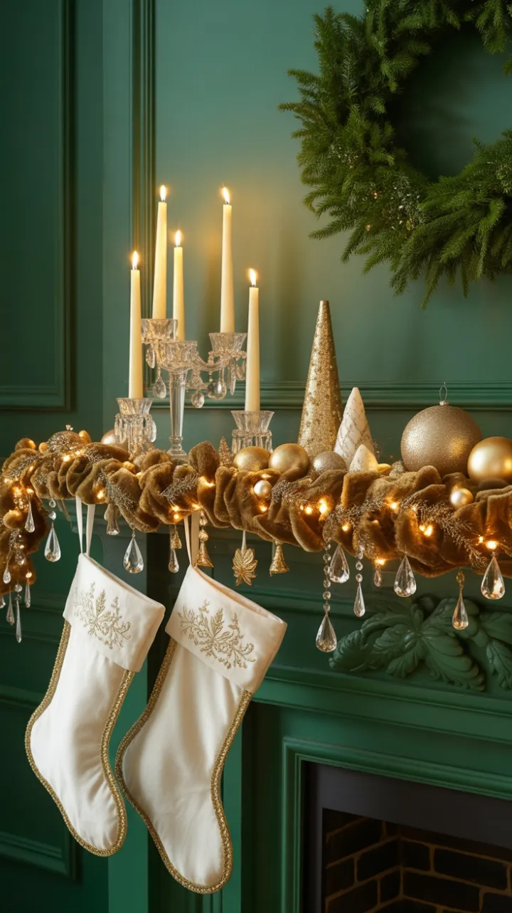 Gilded Velvet Mantel Bathed in Holiday Light