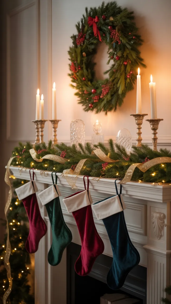 Opulent Christmas Mantel Dressed in Velvet, Gold and Crystal