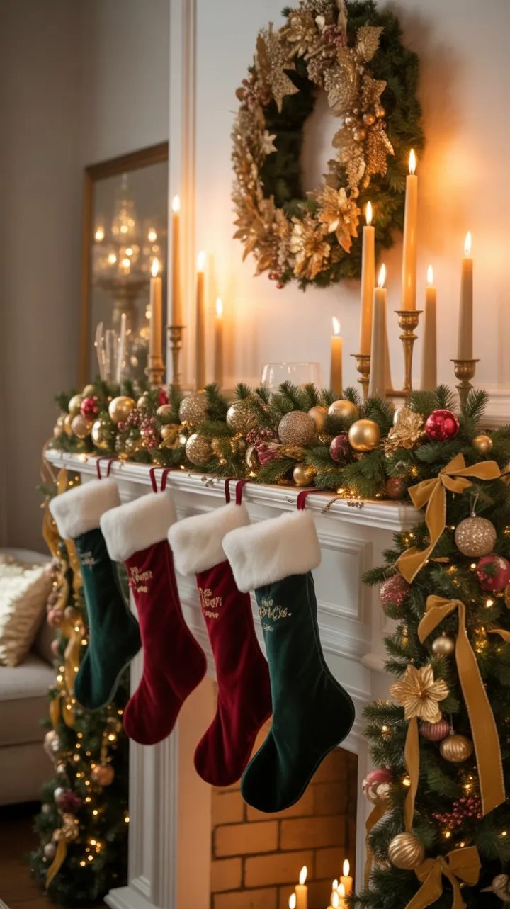 Gilded Christmas Mantel Draped in Velvet, Crystal and Warm Candlelight