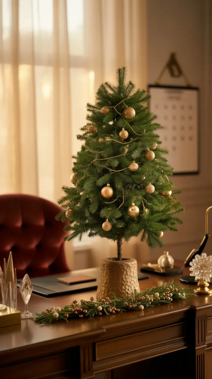 Opulent Holiday Workspace Adorned in Velvet Gold and Evergreen
