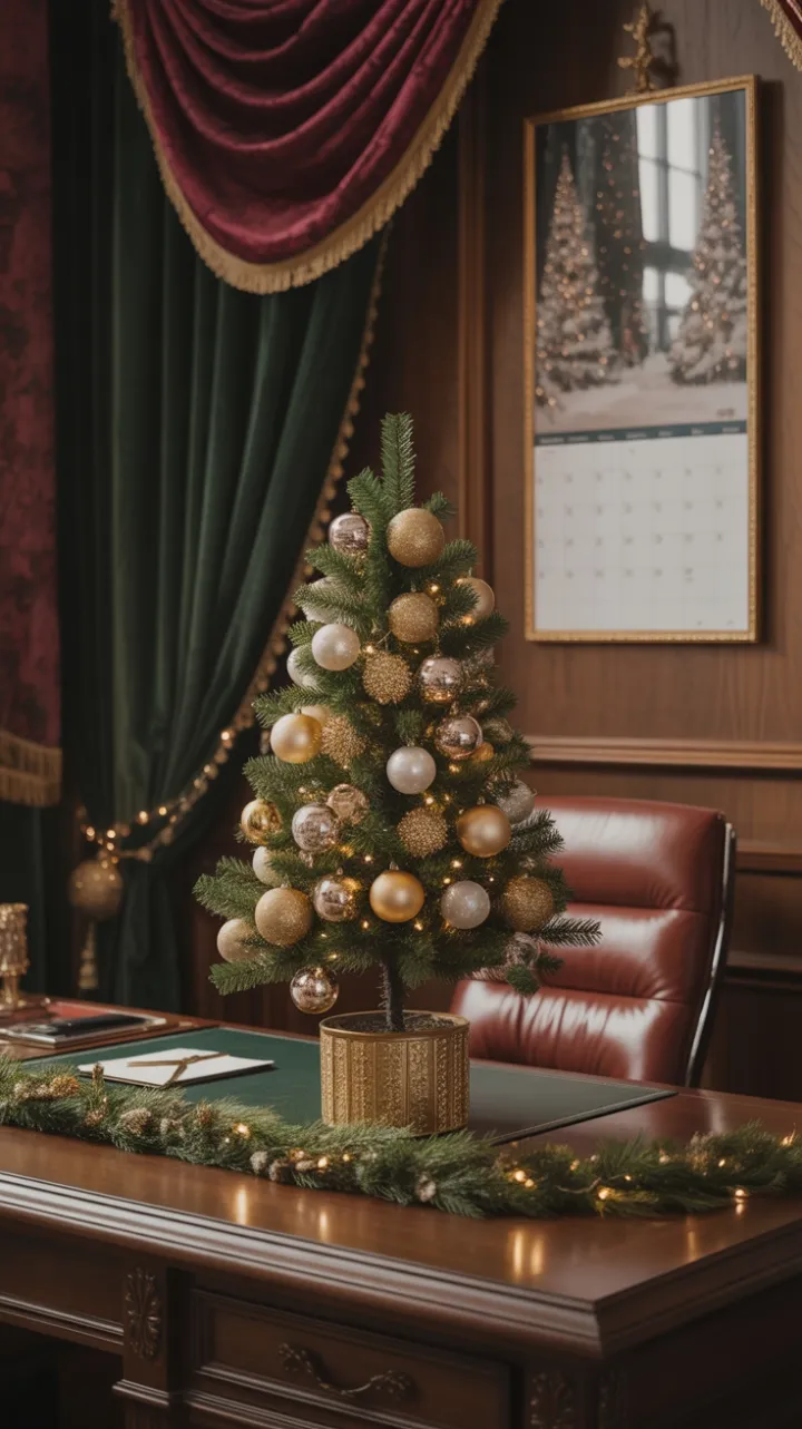 Lavish Executive Desk Dressed in Gold, Velvet and Holiday Glow
