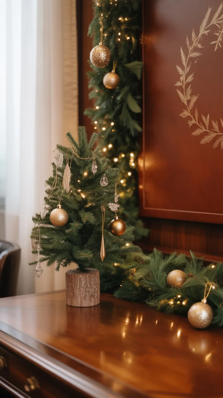 Mahogany Desk Draped in Festive Christmas Elegance