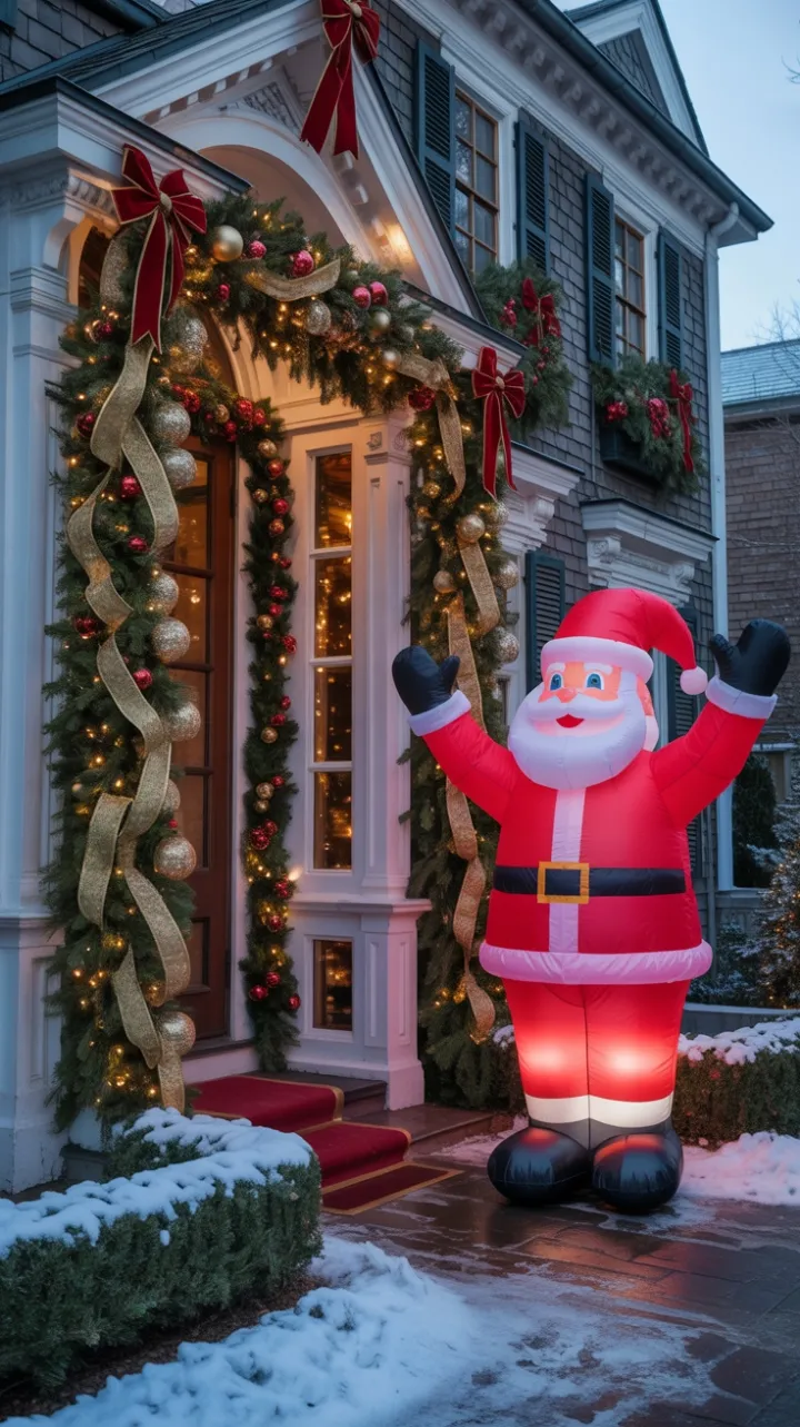 Victorian Holiday Splendor with Gold Garland, Velvet Bows, and a Jolly Santa