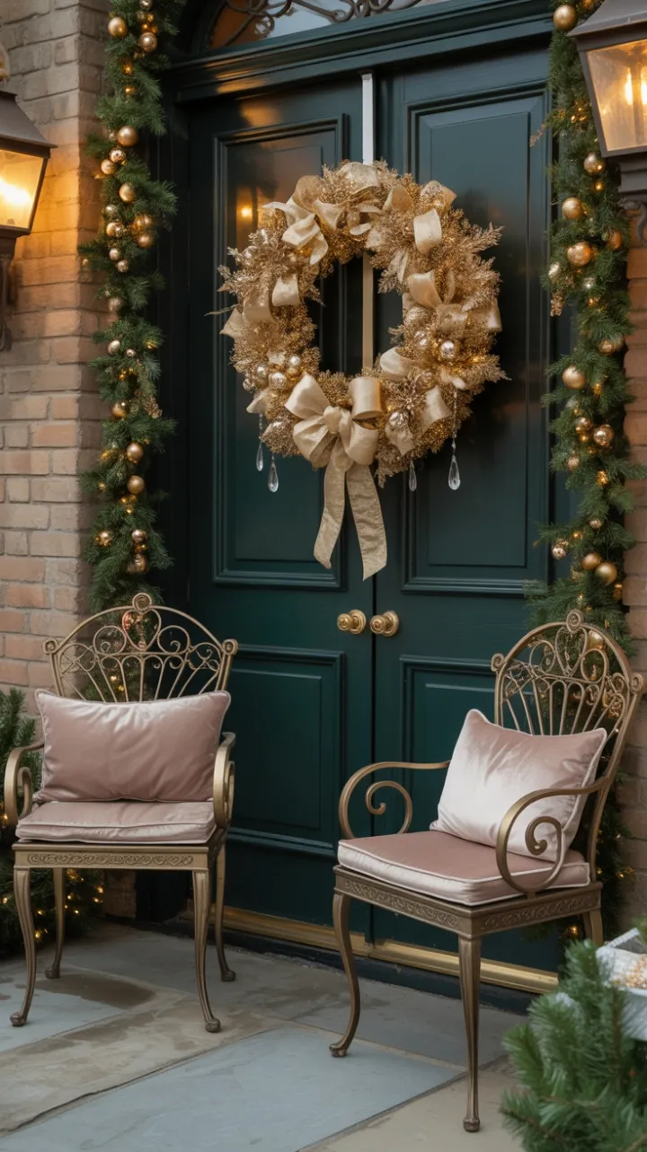 Gilded Christmas Welcome on a Velvet-Trimmed Porch