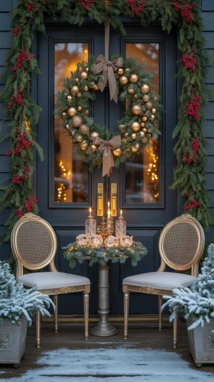 Gilded Christmas Welcome on a Snow‑Dusted Porch