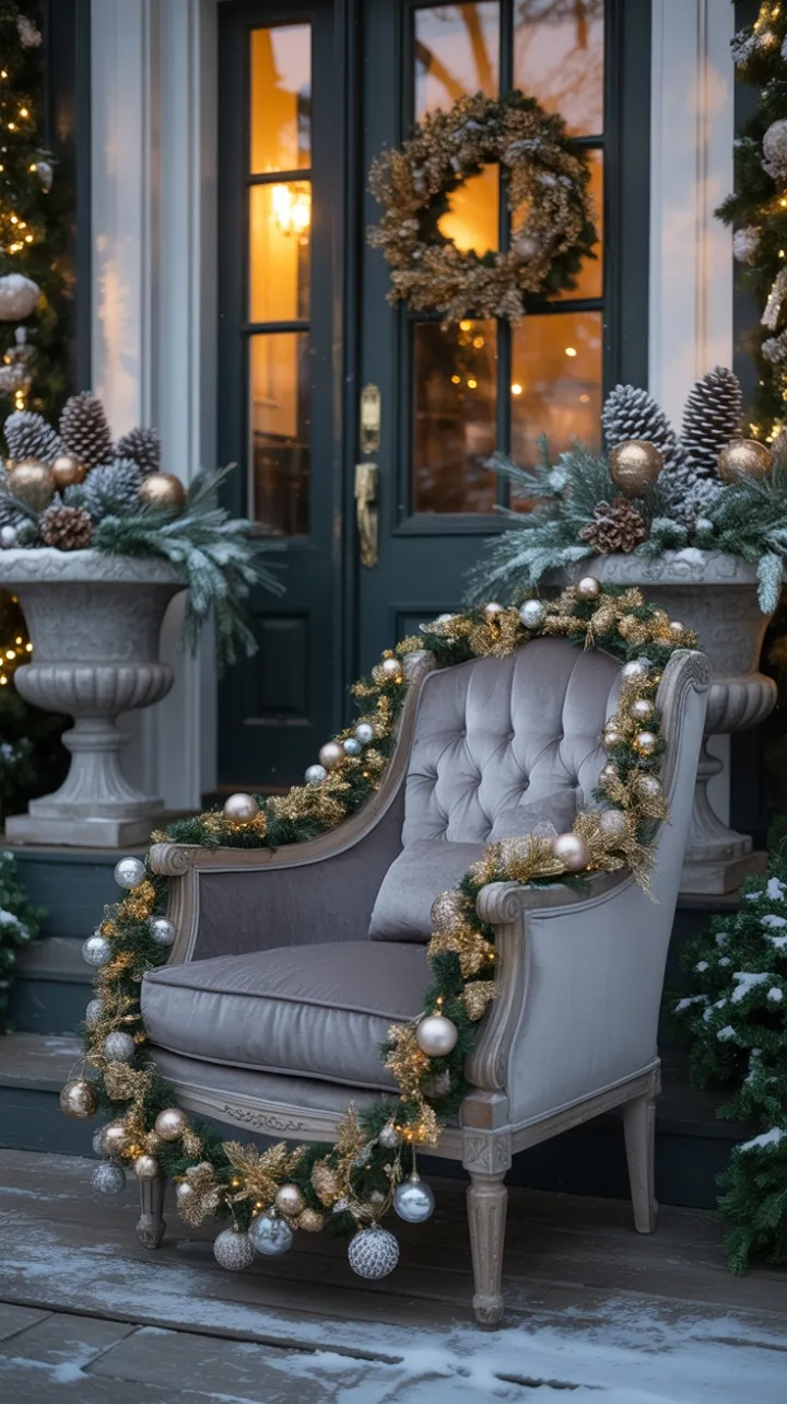 Velvet Throne on a Snow-Kissed Gilded Porch