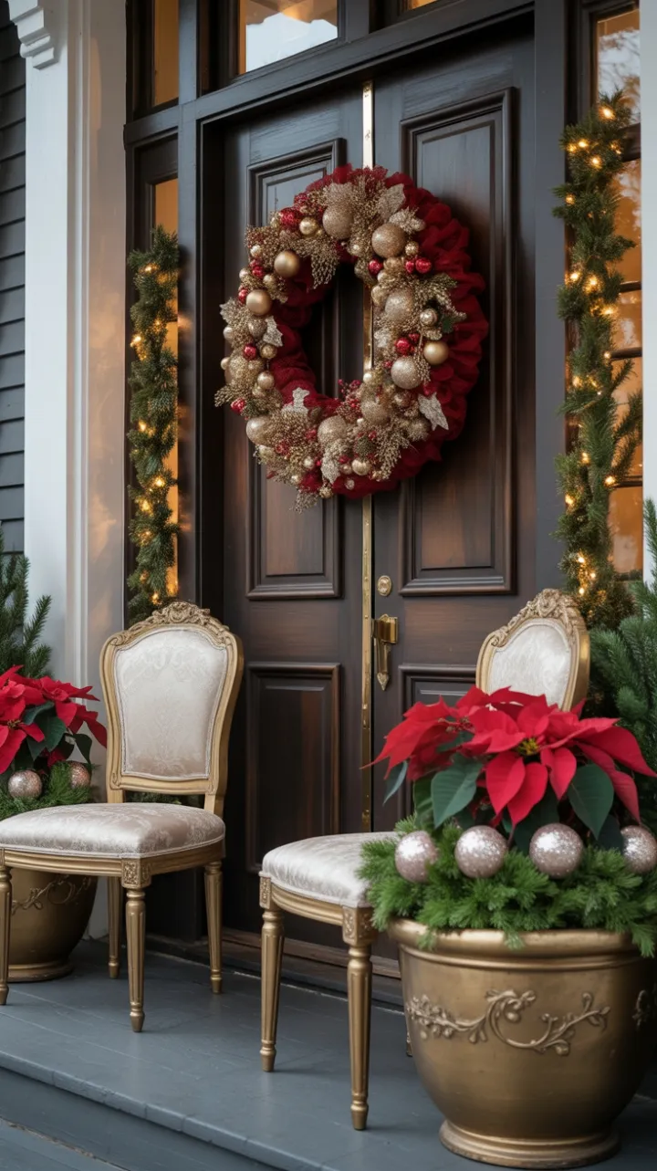 Gilded Christmas Welcome on a Velvet-Wreathed Porch
