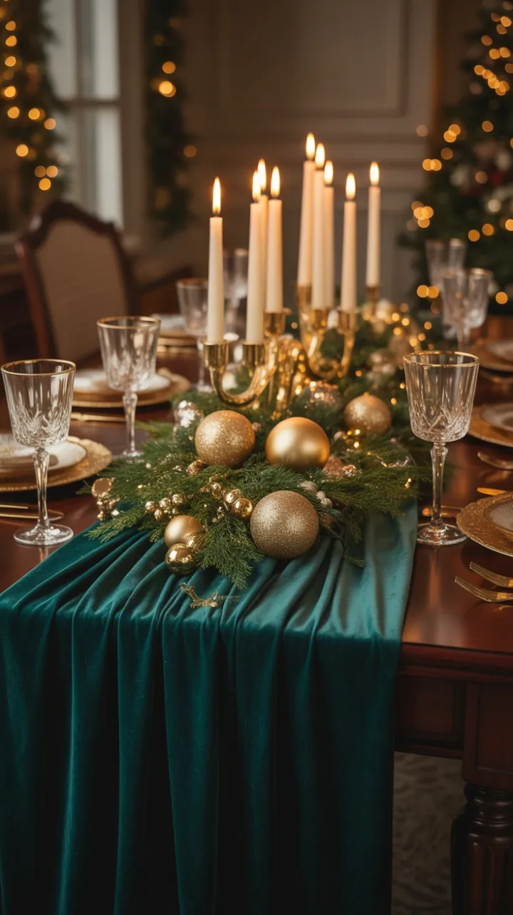 Gilded Christmas Table in Emerald Velvet and Candlelight