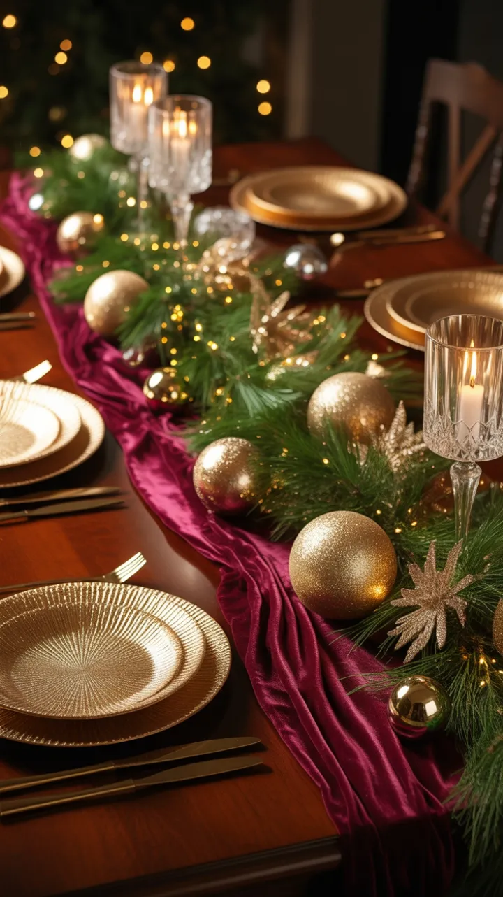 Burgundy Velvet and Golden Glow Christmas Table