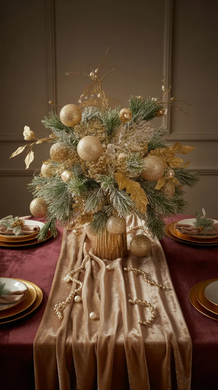 Gilded Christmas Table with Velvet Burgundy Runner