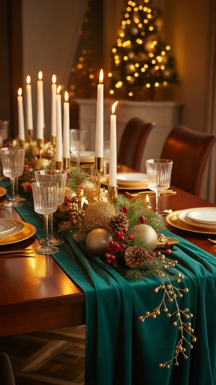 Candlelit Christmas Table in Emerald Velvet and Gilded Splendor