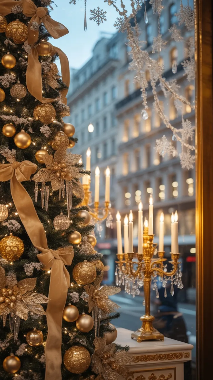 Gilded Holiday Window Dressed in Crystal Snow