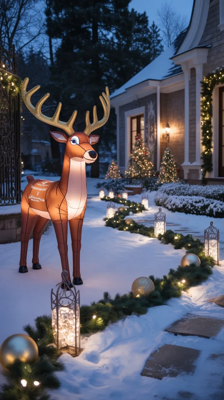 Gilded Reindeer and Velvet Garland Illuminate a Snowbound Holiday Entrance